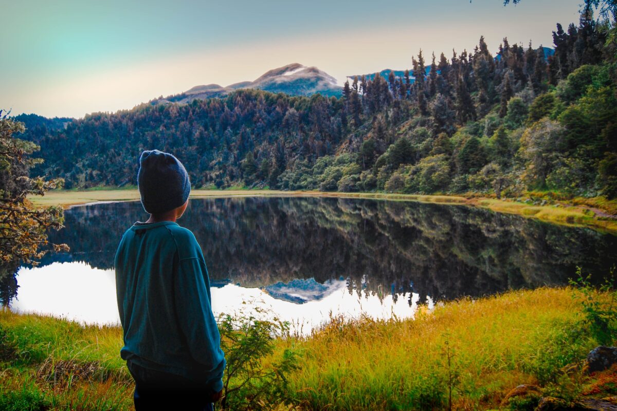 A serene landscape with a lone person by a reflective lake in Mérida, Venezuela, surrounded by vibrant forests.
