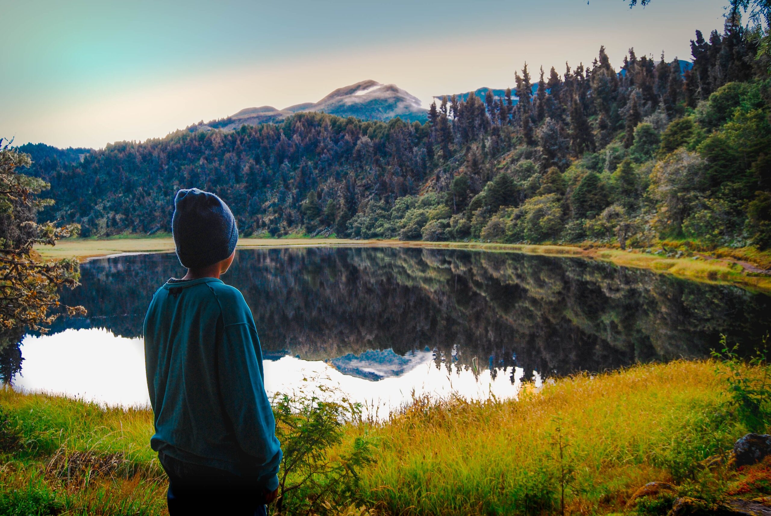 A serene landscape with a lone person by a reflective lake in Mérida, Venezuela, surrounded by vibrant forests.
